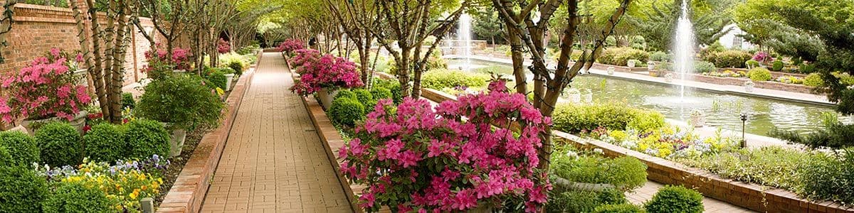 The channel garden at Clark Gardens, lined with flowers and fountains